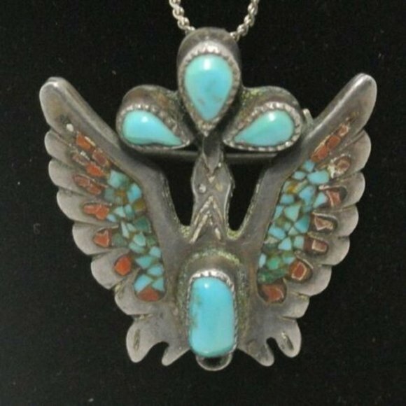 Navajo Turquoise Coral Silver  Kachina pendant pin - Picture 1 of 5